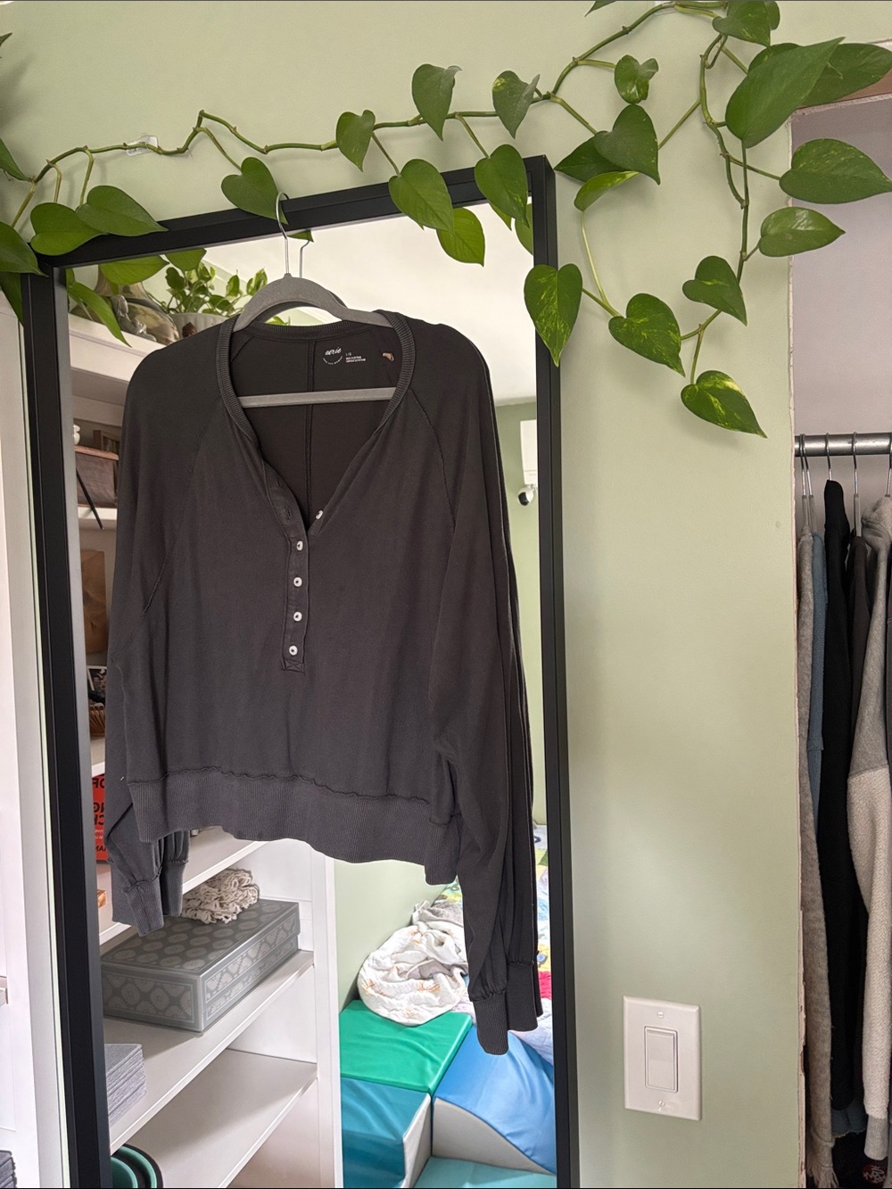 aerie Charcoal Long-Sleeve Henley Sweatshirt